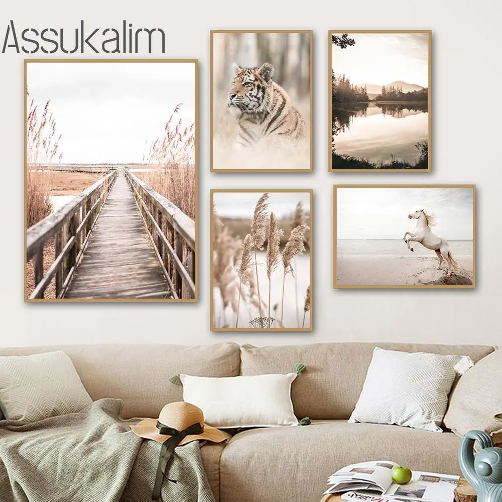 Tiger Wall Pictures White Horse Art Posters Reed Landscape Canvas Painting Scandinavia Living Room Decor |