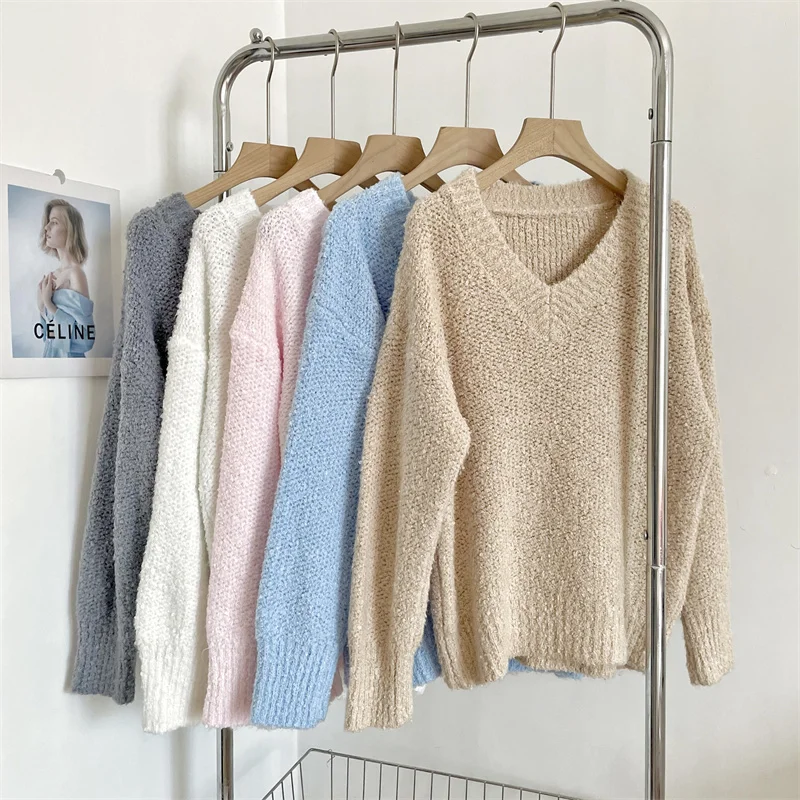 

2022 Fall Winter Solid Color Pullover Sweaters Female Knit Long Sleeve V Neck Loose Sweater Tops Korean Casual Top Femme