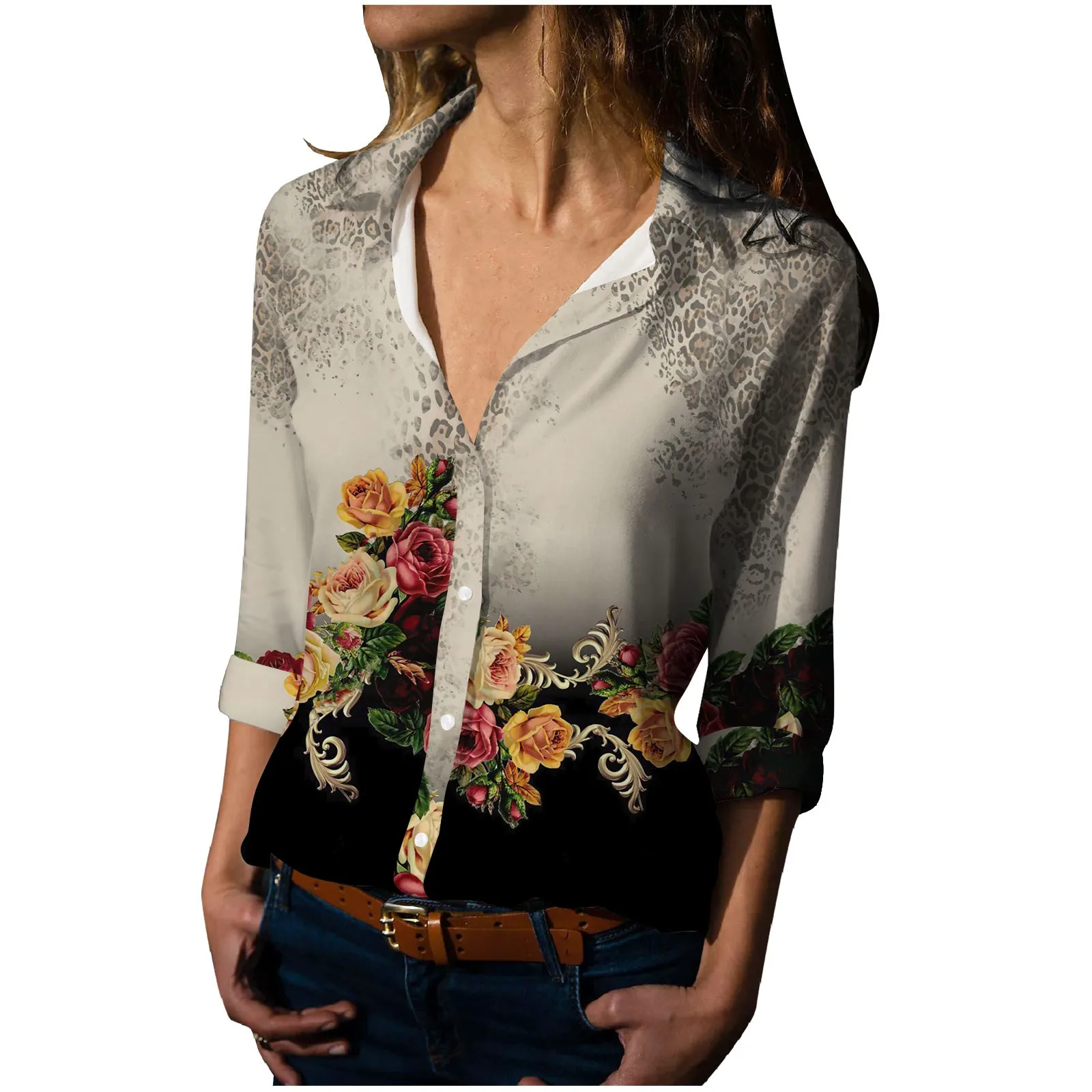 

Women's Shirt Fashion Leopard Flower Print Blouse Elegant Long Sleeve Casual Basic Button Shirt Female Regular Top Autumn New