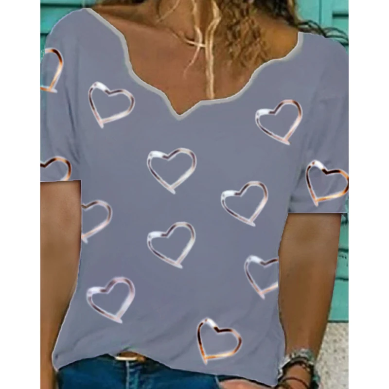 

Hearts Print Women Blouse Asymmetrical Neck Short Sleeve Pullover Summer Elegant Ladies Shirts Top Blusas