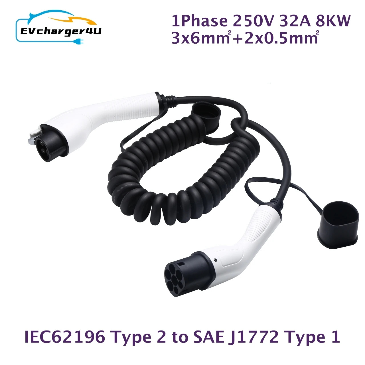 

EVcharger4U 1Phase 110-250V 32A 8KW Type 2 to J1772 Type1 EV Charging Cable Spiral Extension Coiled Cables for Electric Vehicle