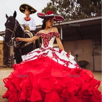 elegant red and white quinceanera dresses 2022 charro mexican off the shoulder beaded crystal ruffles sweet 15 dress corset