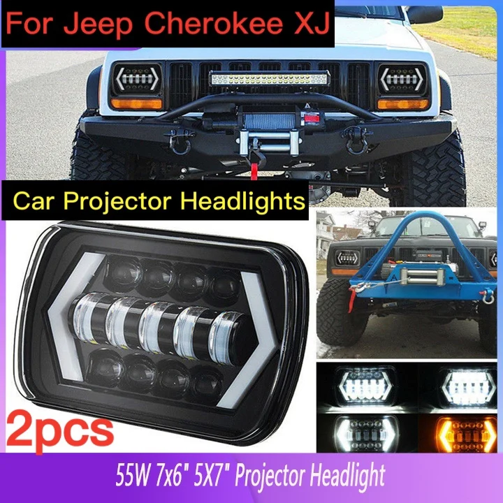 

2pcs Car Projector Headlights LED Driving Running Light 55W 7x6" 5X7" Projector Headlight Hi-Lo Beam Halo For Jeep Cherokee XJ