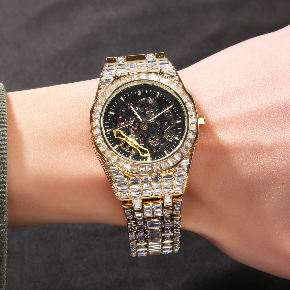 

WISHINING Mechanical Watch Stainless Steel Mechanical Rhinestones Quartz Square Wristwatches