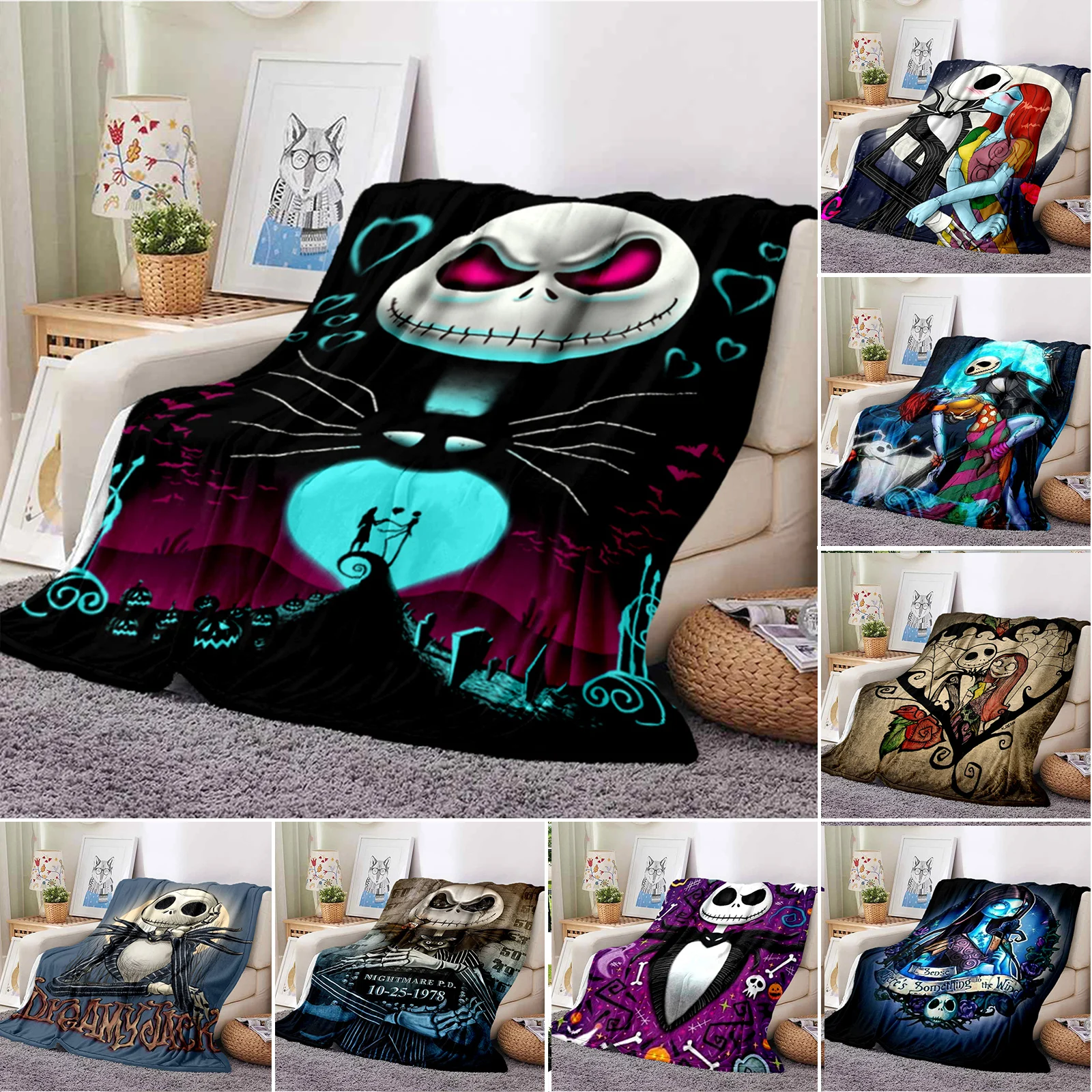 

3D Print Jack N Sally Blanket Soft Sofa Cover Nightmare Before Christmas Throw Blanket Fleece Warm Bed Blanket for Bedroom Couch