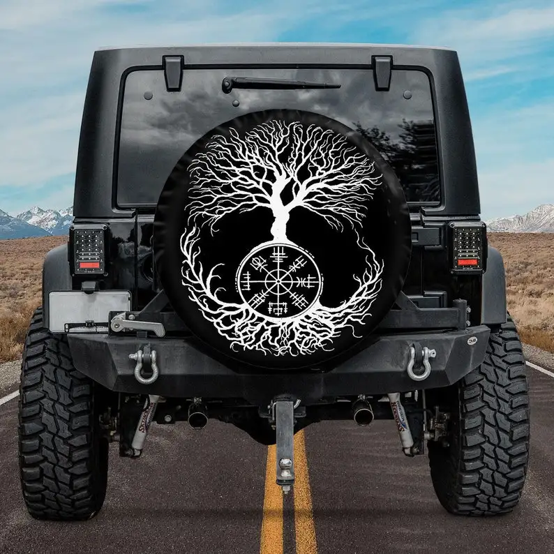 

Vegvisir, Sacred Yggdrasil Tree, Ravens of Odin Viking Rune Camping Truck Tire Cover, Funny Spare Tire Cover, Father's Day Gift