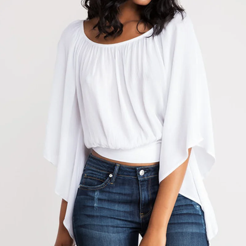 

White Ladies Spring and Summer Sexy Hollow O-neck Top Ladies Casual Solid Color Top Open Back Big Sleeves Loose Short T-shirt