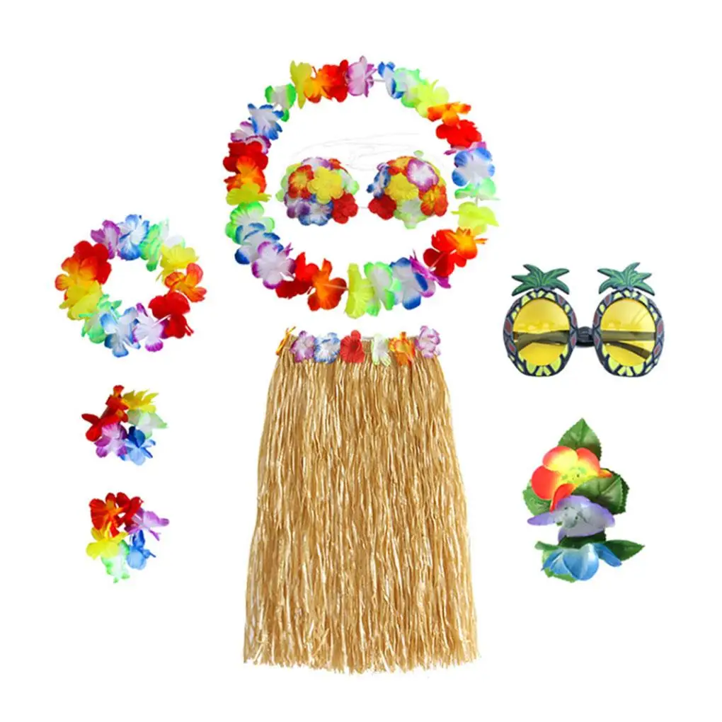 

Beach Party Hawaiian Flower Costume Set Dance Clothes Fabric Bright Color Grass Skirt Kit for Summer Party Dancing Decorations