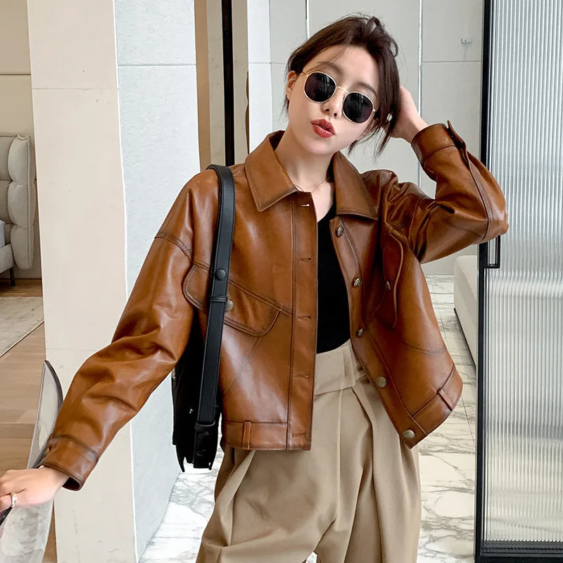 2023 New Lady Leather Jackets Sheepskin Crop Coat Solid Vintage Vegetable Tanned Leather Motorcycle Jacket Streetwear CL4019