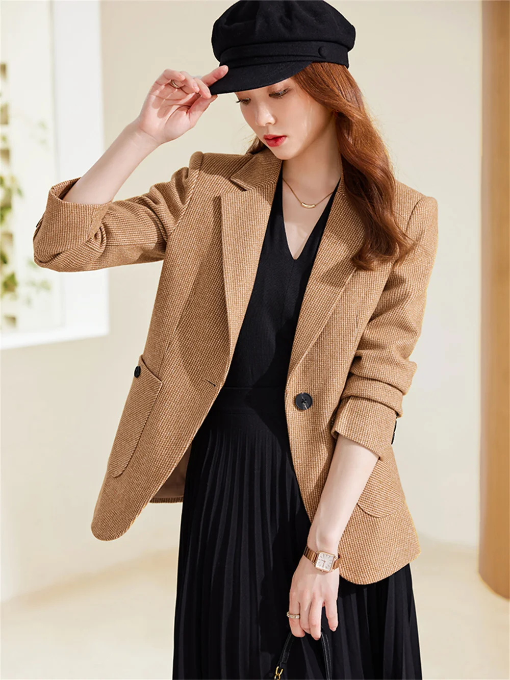 Women Blazer Yellow Brown Gray Pink Female Casual Long Sleeve Single Button Slim Coat Ladies Business Work Wear Formal Jacket