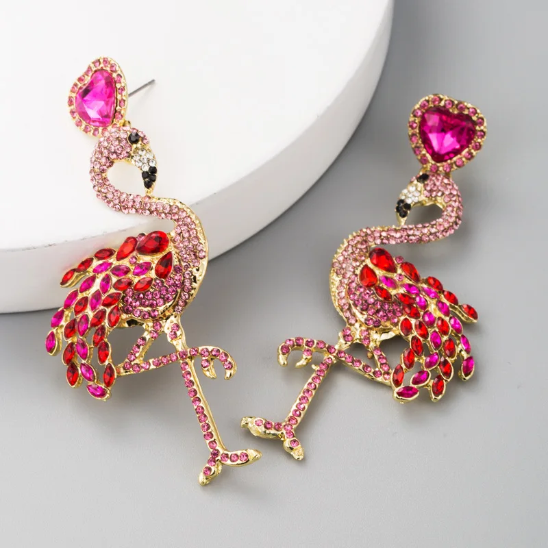 

Fuchsia Crystal Flamingo Drop Earrings Women Large Statement Dangle Luxury CZ Earrings