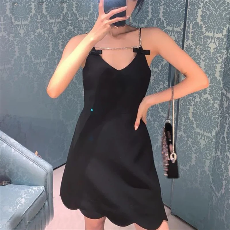 

Summer Slim Fit Rhinestone Sling Waist Dress women Elegant Black Dress Party Dress