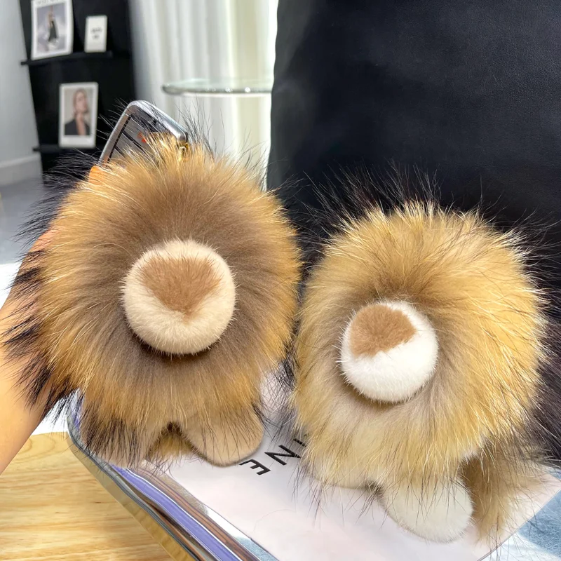 Lion Natural Mink Real Fur Handmade Cute Key Chain Bag Accessory Car Keychain Keyrings Gift for Women Girl Accessories