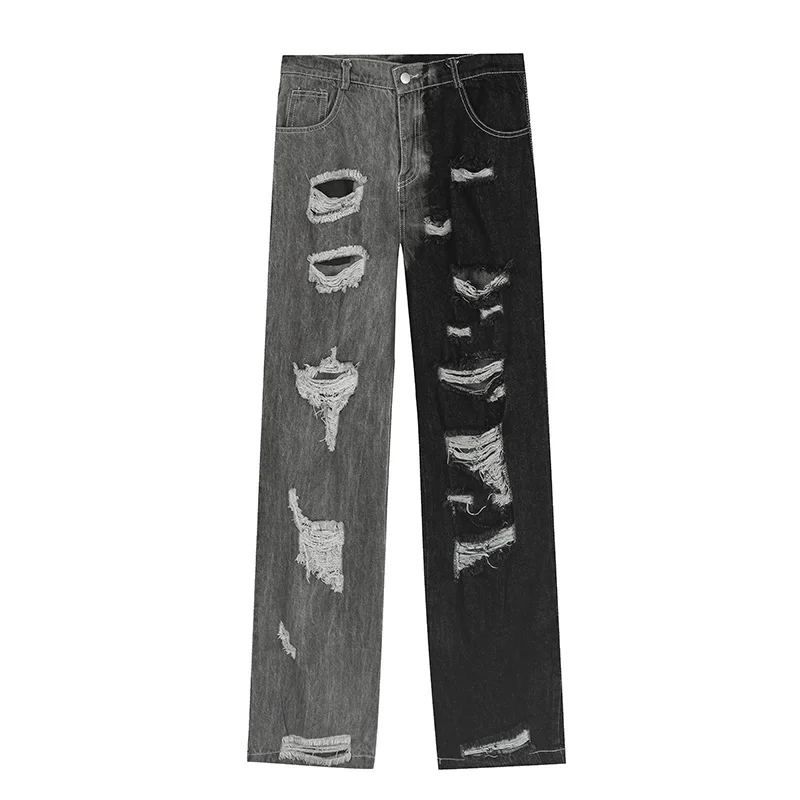 

2022 Clipping Stitching Denim Trousers Distressed Beggar Hole Wide-leg Cool Jean Skinny Mens Washed Destroyed Jeans Pant Hip Hop