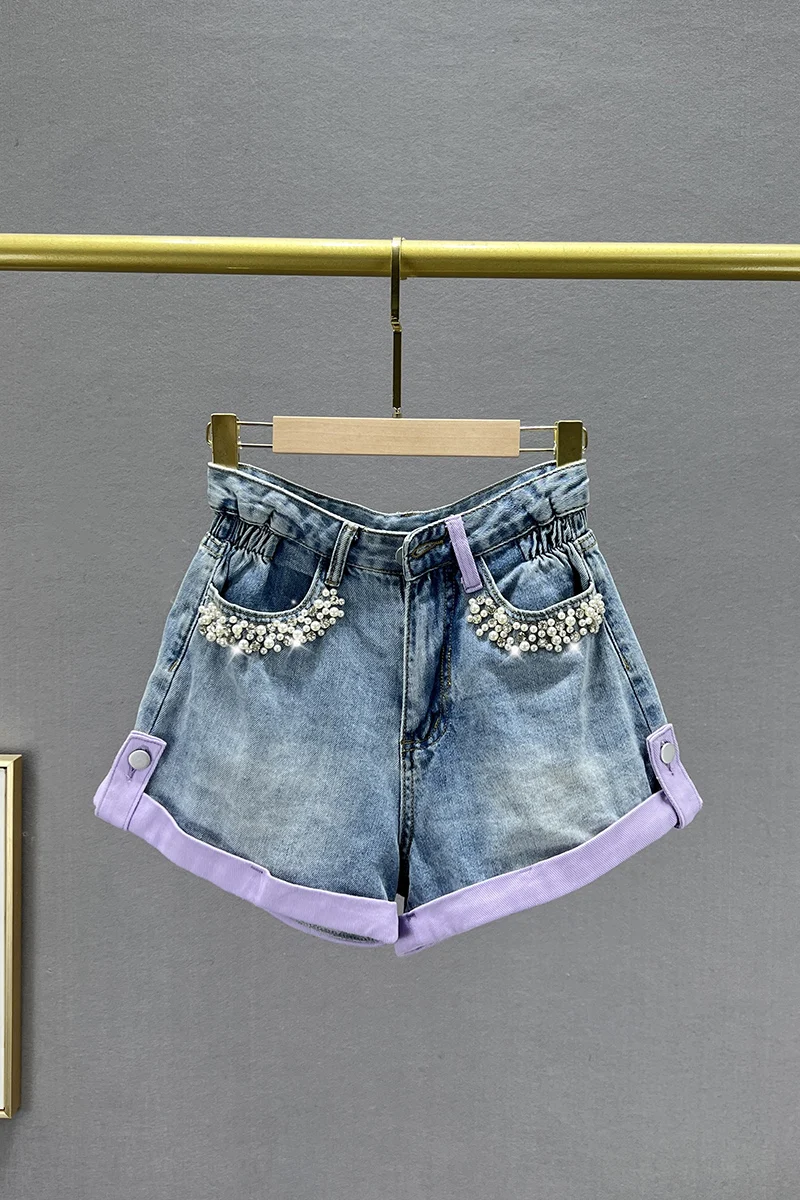 Chic Beaded Denim Shorts for Women 2023 New Summer High Waist Loose Slimming Diamond Color Block Flanging Wide-Leg Jeans Shorts