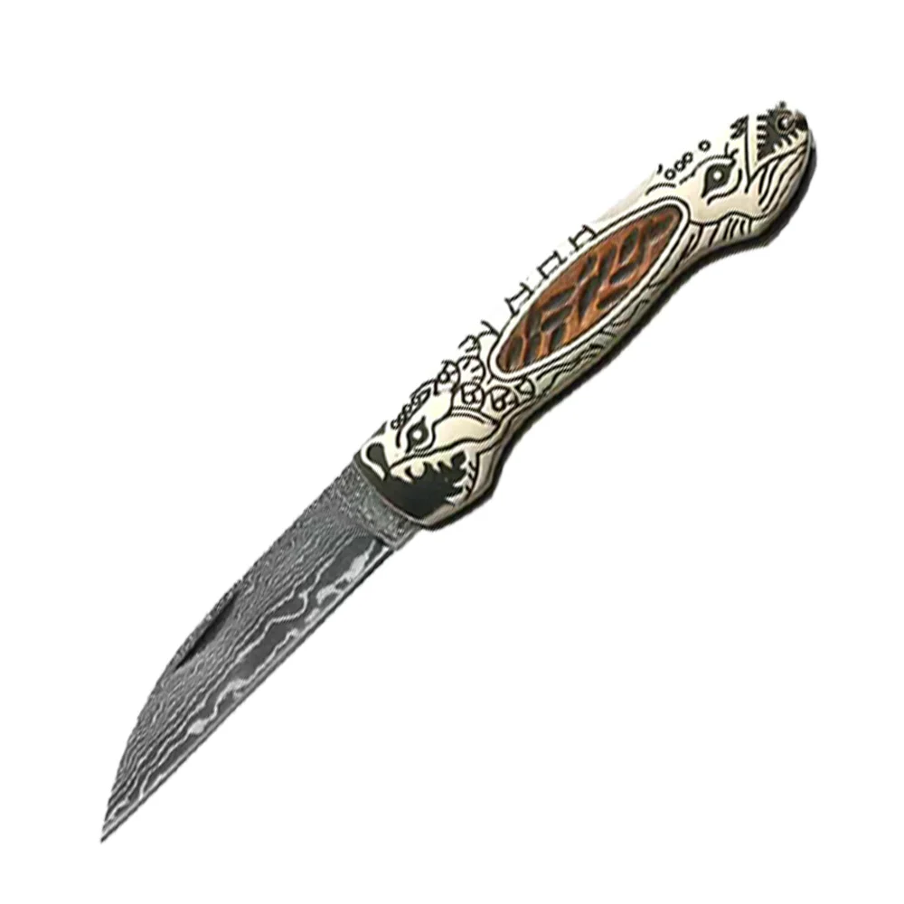 

Folding Pocket Knife Damascus Stainless Steel Cupronickel Bone Handle Material Outdoor Camping Survival Knifive Flipper Hunting