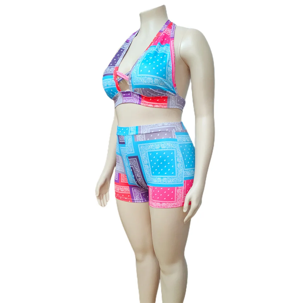 Plus Size Two Piece Set Bandana Shirt and Pant Sexy Women Bodycon Outfit 2022 Summer Print Tracksuit Female Casual Fashion Top