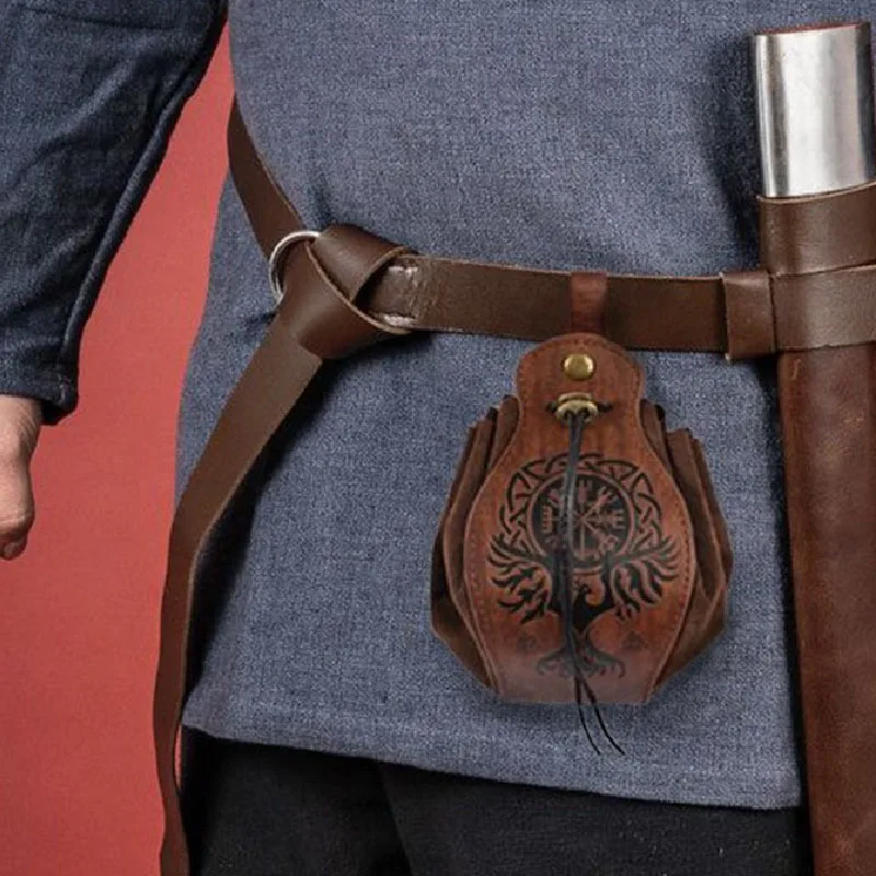 

Vikings Rune Pouch String Coins Drawstring Bag Costume Vintage Halloween Accessory Leather Suede Medieval Loop Belt Kit Adult