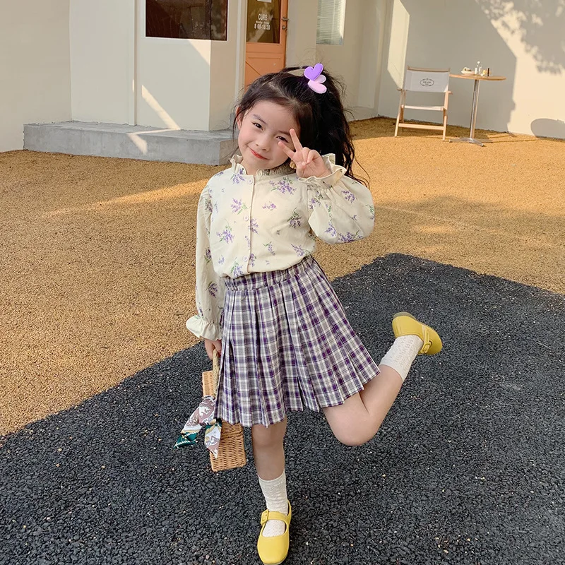 

Spring New Children's Clothing Flowers Long Sleeve Shirts Little Girls Grid Skirt