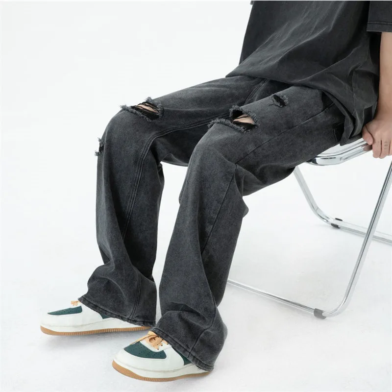 Blue/Black Baggy Jeans Men Fashion Casual Ripped Straight Jeans Men Streetwear Loose Hip Hop Hole Denim Pants Mens Trousers