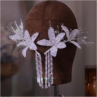 2piece new bride crystal flower headpiece pearl tassel hair accessories wedding headbands for women designer