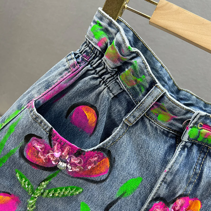 Printed Jeans Shorts for Women 2023 New Summer High Waist Loose Slimming European A-line Wide Leg Pants Hot Pants Denim Shorts