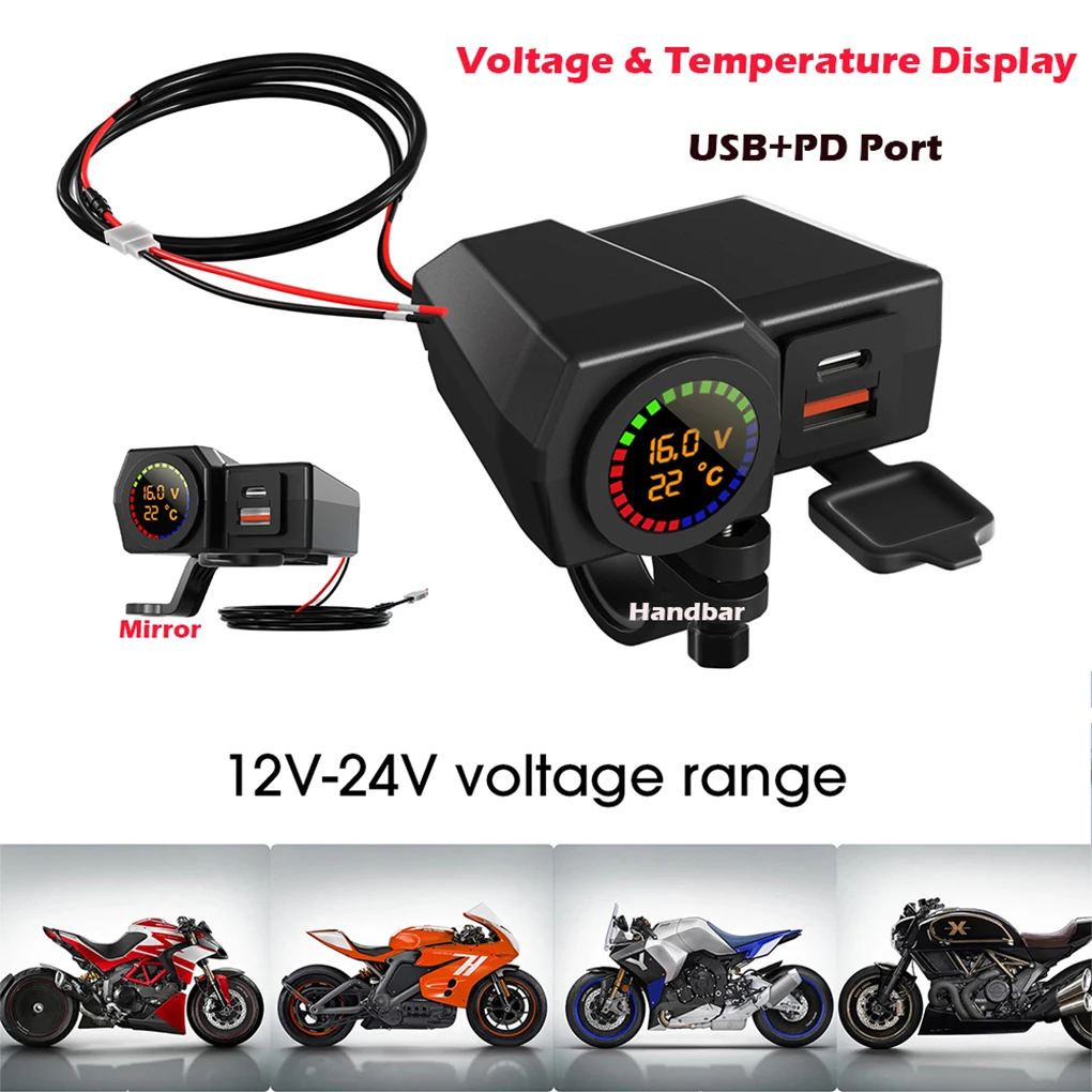 

Motorbike Dual USB Charger Color Screen Type-C PD Interface Fast Charging Thermometer 70cm Cable Tablet Power Socket