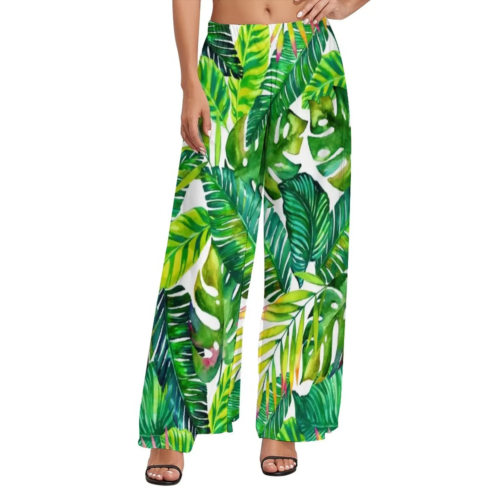 

Banana Leaves Print Pants Elastic High Waist Tropical Palm Elegant Trousers Aesthetic Design Wide Pants