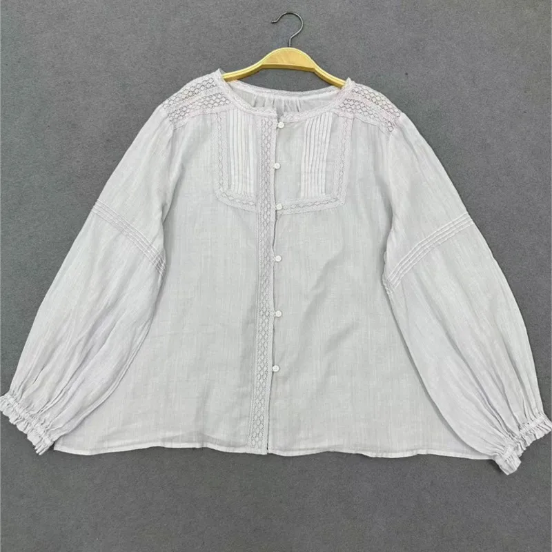 Johnature японские кружевные плиссированные топы Ramie новинка лета 2024 свободная