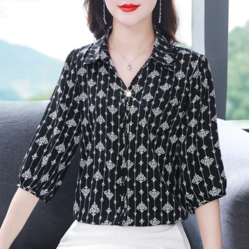 Женская универсальная рубашка с принтом приталенная в западном стиле рукавом 2024