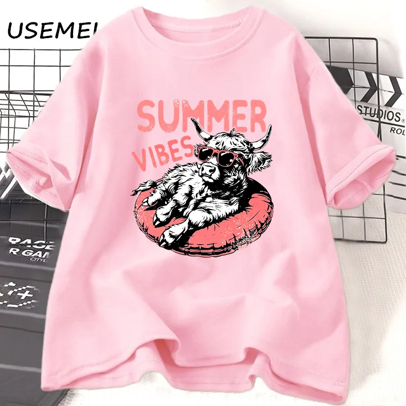 Летняя футболка Vibes дизайнерские футболки Highland Cow забавная Пляжная в стиле ретро