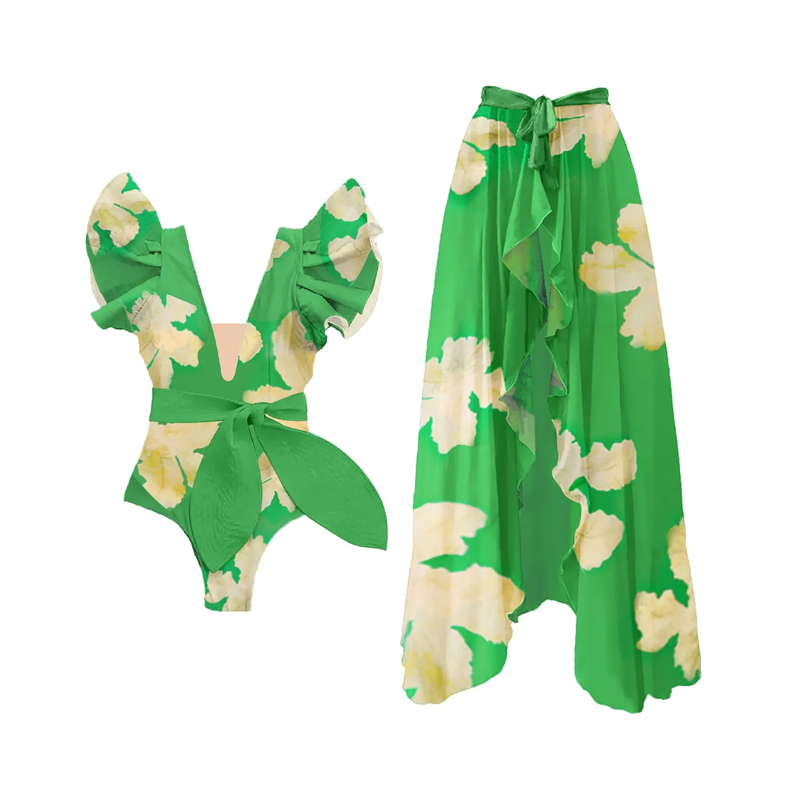 

Vintage V Neck Ruffle Floral Print Swimsuit And Skirt Set