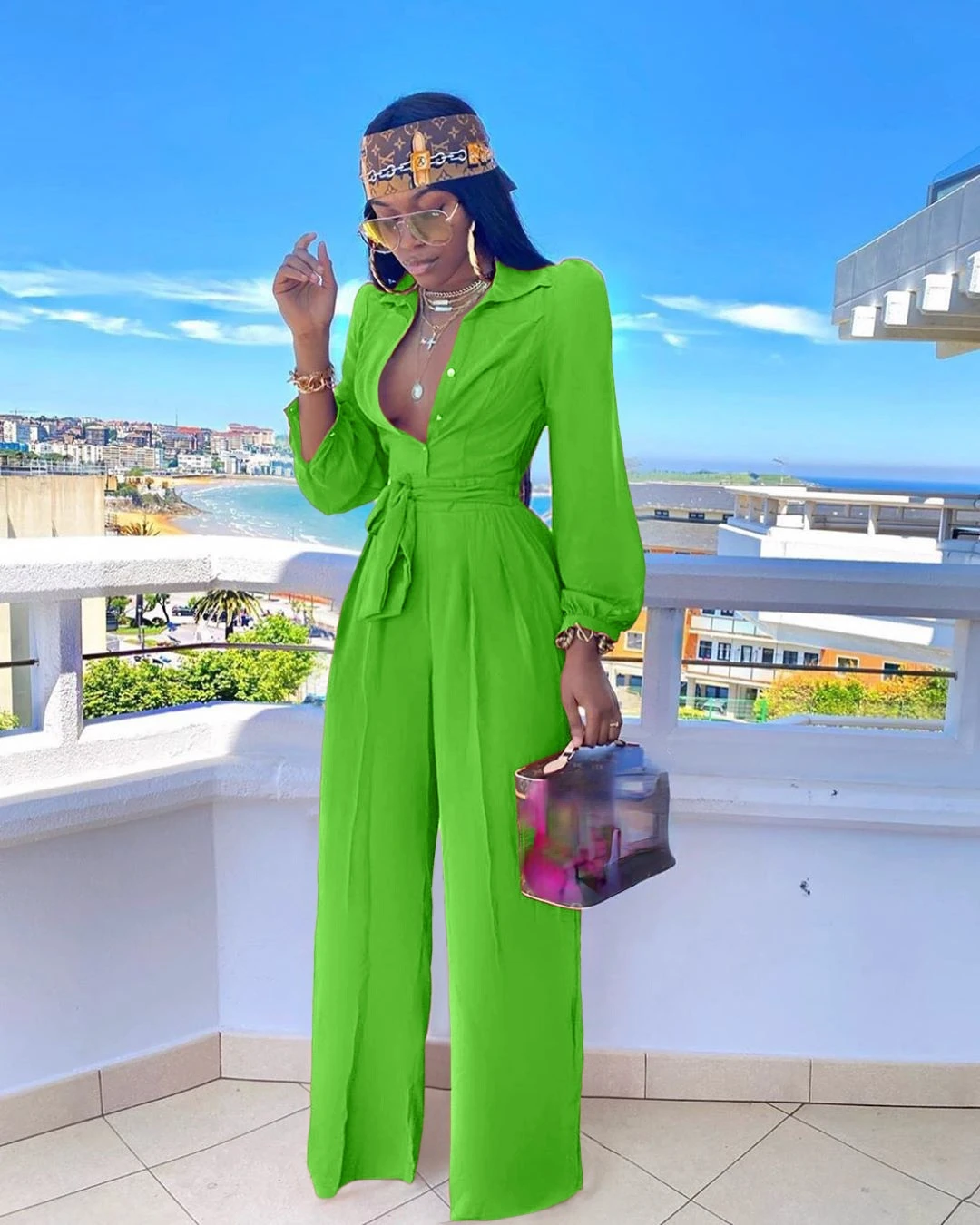 

Новинка 2022, Женский однотонный прямой повседневный комбинезон с высокой талией и воротником-рубашкой и поясом, Женские повседневные офисны...