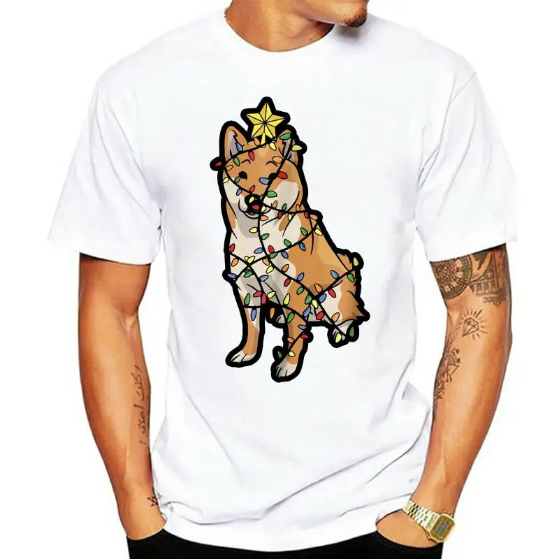 

Футболка-мужская Футболка-Черный светлый Рождественский подарок ину собака любимая Рождественская елка Сиба