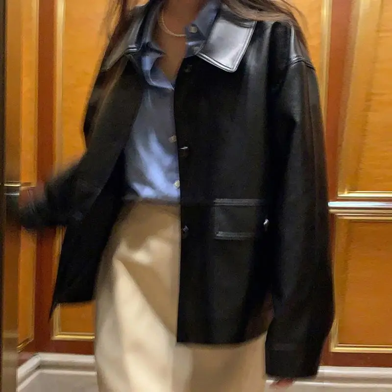 Chic Autumn Fashion Retro Lapel Motorcycle Jacket Short Loose Long Sleeved Leather Coat Women Korean Leather Blouse Jackets