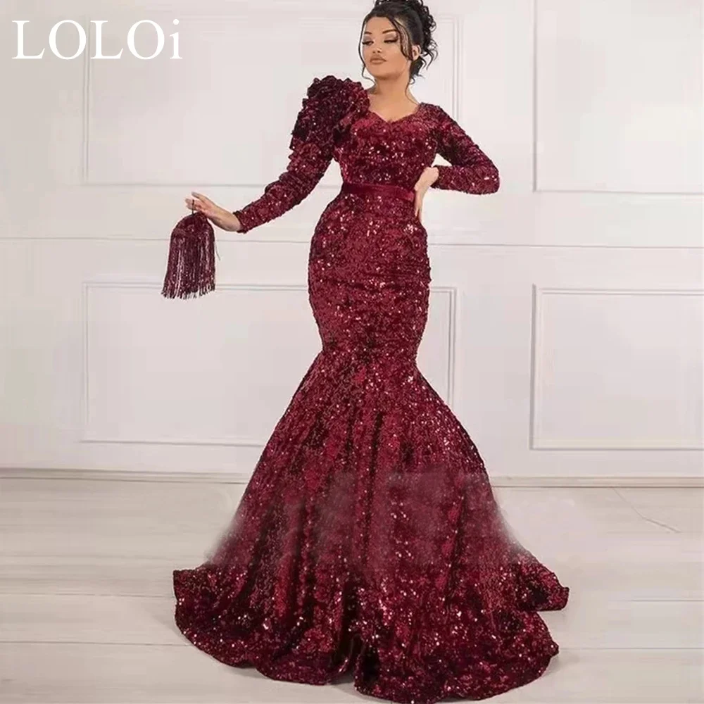 

LOLOi Arabic Dubai Burgundy Sequins Mermaid Evening Dress V Neck Full Sleeves Prom Gown Middle East robes de soirée فساتين السهر