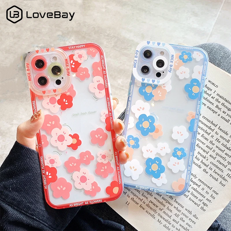 

Clear Cute Flower Daisy Love Heart Letters Phone Case For iPhone 13 11 12 Pro Max X XR XS 7 8 Plus SE 2020 Lens Protected Bumper
