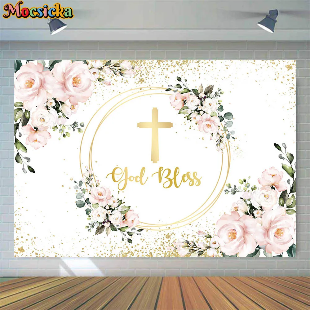 

Mocsicka Baby Baptism Photography Background God Bless Circle Cross Girl First Communion Party Photocall Backdrop Custom Banner