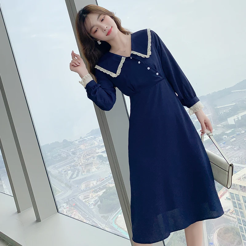 

Solid color Dresses Lace Splicing 2022 Women clothing High waist Dress Women Long Sleeve Vintage Dress Peper Pan Collar 210i