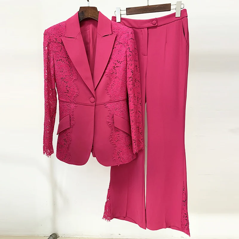 

PREPOMP 2023 Autumn New Collection One Button Lace Patchwork Slim Blazer Long Flare Pants Two Piece Set Women Tracksuits GL104
