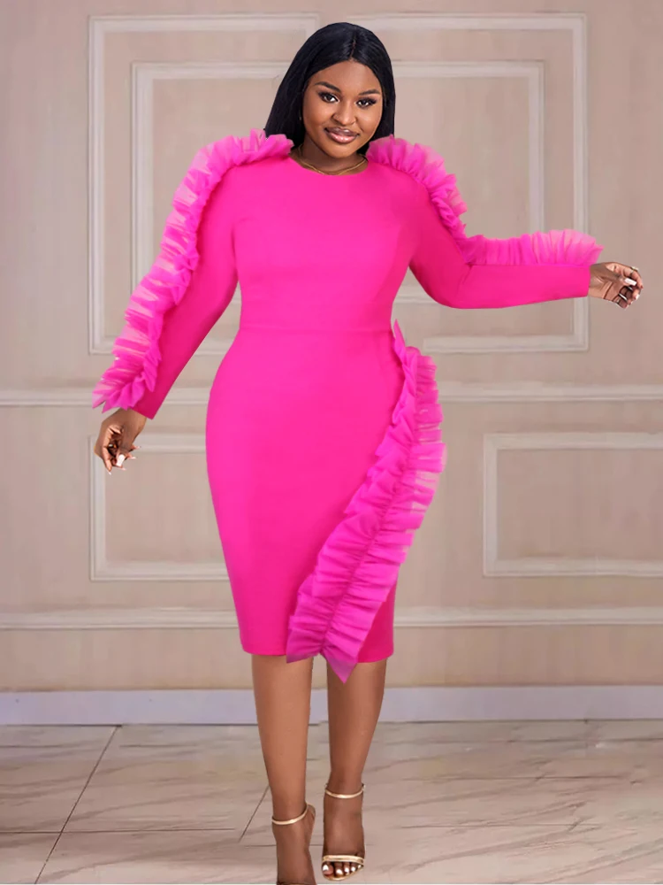 

AOMEI Pink Party Dresses for Women Elegant Long Sleeve Mesh Ruffle Mini Robe Sweet Bodycon Short Wedding Birthday Club 2023 New