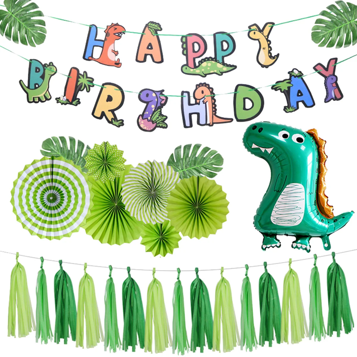 

L Cute Cartoon Dinosaur Foil Balloons Set Party Theme Dinosaur Birthday Decoration with Banner Paper Fan and Paper Tassel