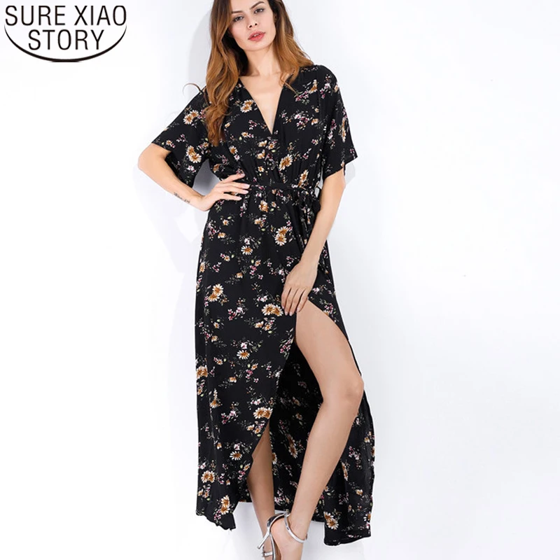 

2022 Summer New Vintage Floral Print 14 Colors V-neck Short Sleeve Split Chiffon Dress Spring Beach Long Dresses Vestido 20675