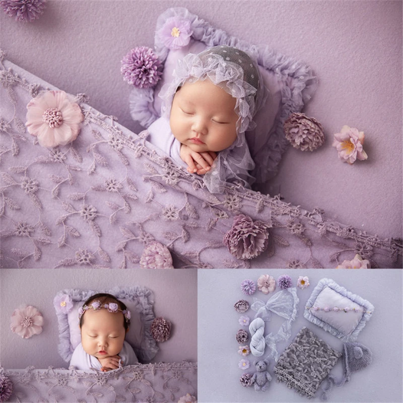 Newborn Baby Girl Photography Props Purple Floral Theme Hat Wrap Backdrop Blanket Pillow Fotografia Studio Shooting Photo Props