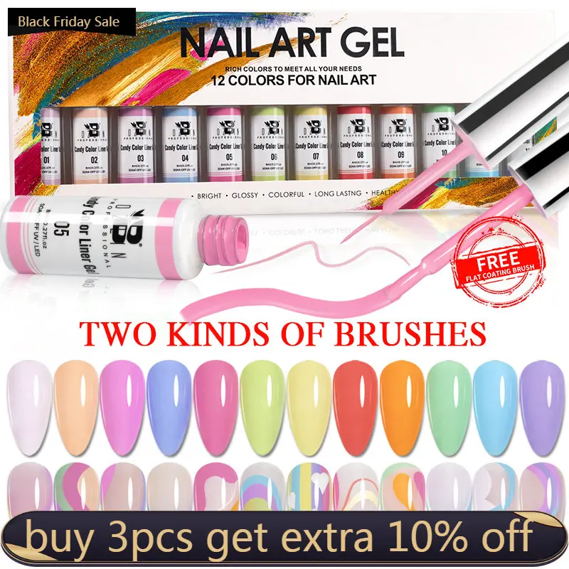 

BOZLIN 12 Colors Candy Color Liner Gel Kit Pastel Gel Polish Nail Art Design UV/LED Painting Nail Drawing Polish DIY Varnish