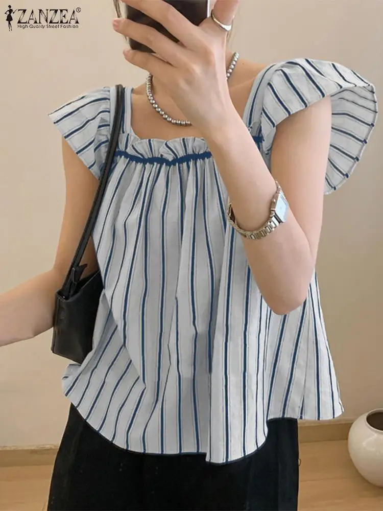 Блузка ZANZEA женская с квадратным вырезом модный элегантный топ в полоску