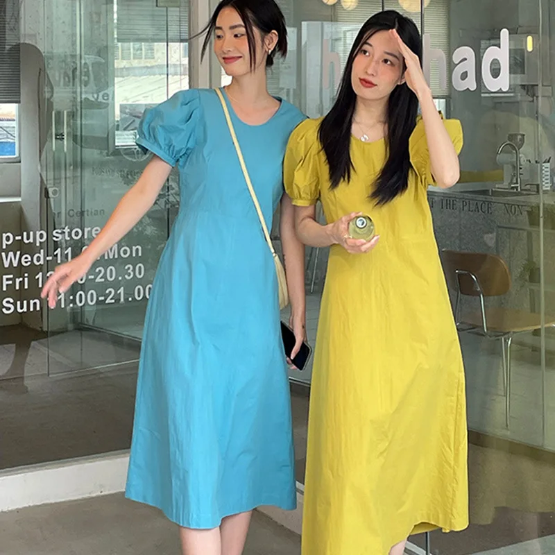 

2022 летнее женское платье средней длины из хлопка в Корейском стиле с высокой талией