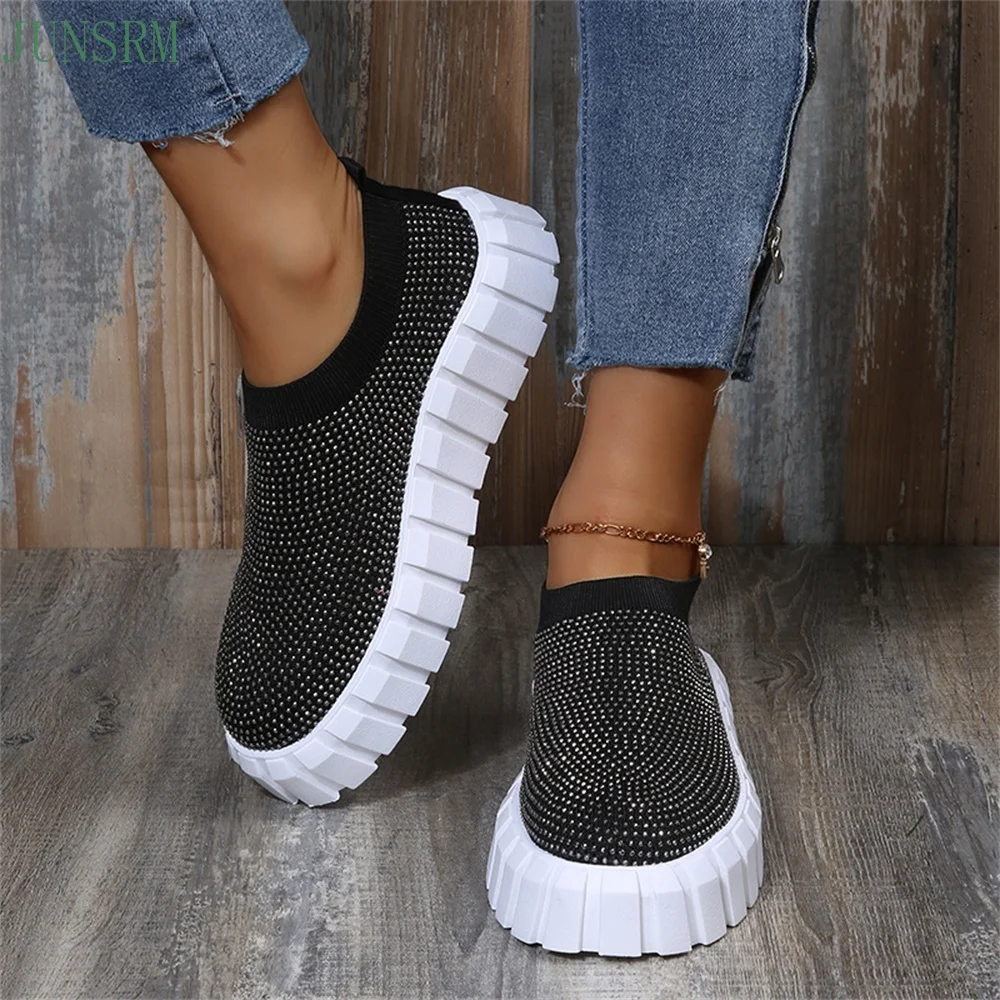 

New Rhinestone Sneakers Women 2022 Spring Comfy Stretch Fabric Ladies Slip On Loafers 36-43 Large-Sized Running Walking Flats