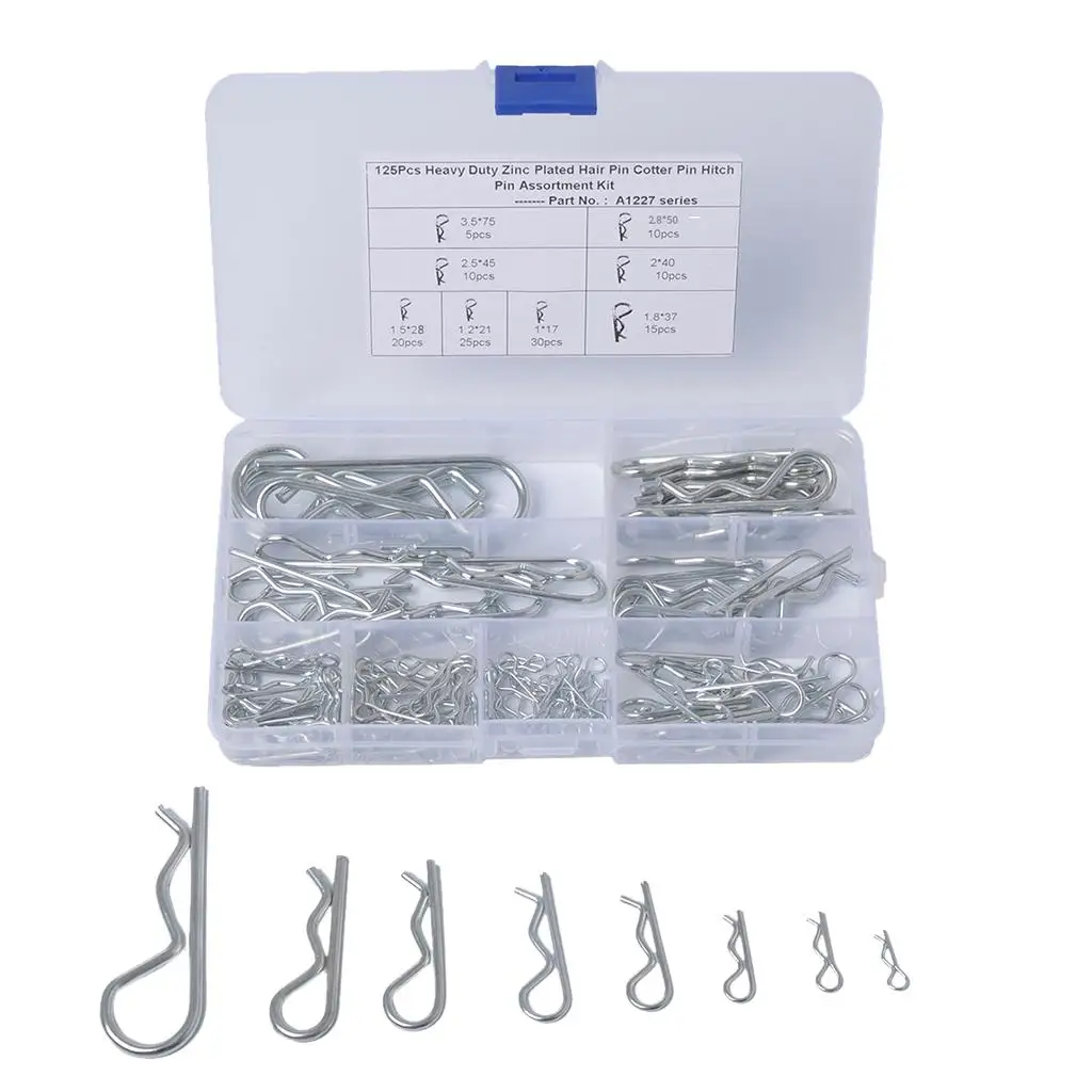 

125 Cotter Pin Assortment Clips Fastener Set with Clear Case for Tow Tractor Light Truck