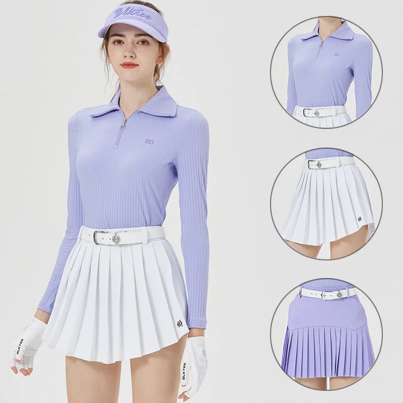 

Blktee, Женская эластичная рубашка-поло на молнии, тонкая футболка с длинным рукавом для гольфа, женская футболка-трапеция для гольфа